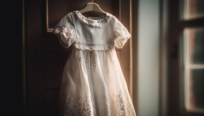 The elegant bride wore a glamorous old fashioned wedding dress generated by AI