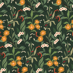 Seamless floral pattern, vintage ditsy print with hand drawn wild plants. Beautiful botanical design: small yellow flowers, berries, leaves, herbs, branches on a green background. Vector illustration.