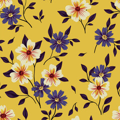 Seamless floral pattern, vintage ditsy print with rustic motif. Elegant botanical design for fabric, paper: small hand drawn flowers, branches, leaves on a yellow background. Vector illustration.