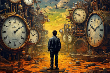 In the clock world.  Man silhouette surrounded by clocks. The concept of the passage of time, change, passing, travel. Ai illustration, fantasy digital painting, Generative AI - obrazy, fototapety, plakaty