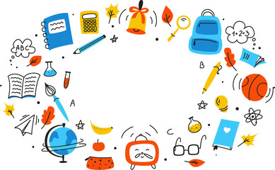 Background for school, school theme, school doodles, inscription in a notebook, training, lessons, time for training, Set of school tools, set of education icons, back to school