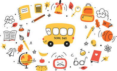  set of doodles elements for school, doodle school, school theme, school doodles, inscription in a notebook, training, lessons, time for training, Set of school tools, set of education icons