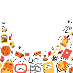 Fototapeta premium Background for school, school theme, school doodles, inscription in a notebook, training, lessons, time for training, Set of school tools, set of education icons, back to school