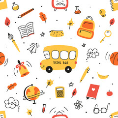 Seamless pattern on school theme, set of school tools, set of education icons, back to school, stationery for schoolboy, student, student notebooks, back to school,colored pencil,back to school doodle