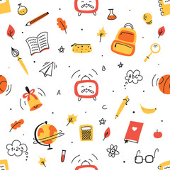 Seamless pattern on school theme, set of school tools, set of education icons, back to school, stationery for schoolboy, student, student notebooks, back to school,colored pencil,back to school doodle