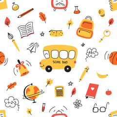 Seamless pattern on school theme, set of school tools, set of education icons, back to school, stationery for schoolboy, student, student notebooks, back to school,colored pencil,back to school doodle