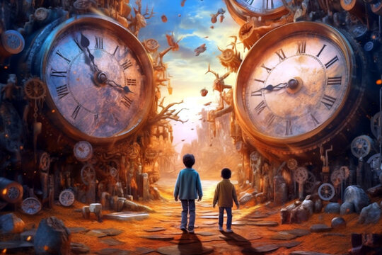 In the clock world. Children surrounded by clocks. The concept of the passage of time, change, passing. Ai illustration, fantasy digital painting, Generative AI