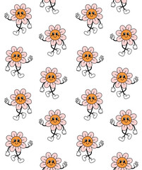 Vector seamless pattern of retro groovy cartoon flower isolated on white background