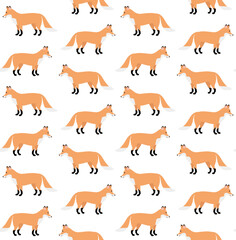 Vector seamless pattern of flat hand drawn fox isolated on white background