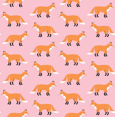 Vector seamless pattern of flat hand drawn fox isolated on pink background