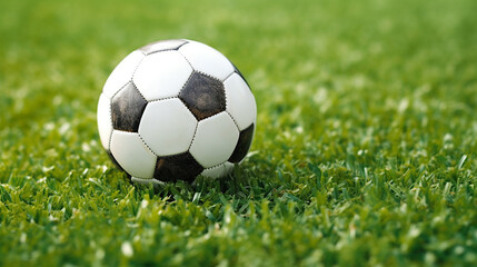 Fototapeta na wymiar Soccer ball on the green field, close-up. Ai illustration, Generative AI
