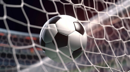 Soccer ball falling into the net. Goal, close-up. Ai illustration, Generative AI