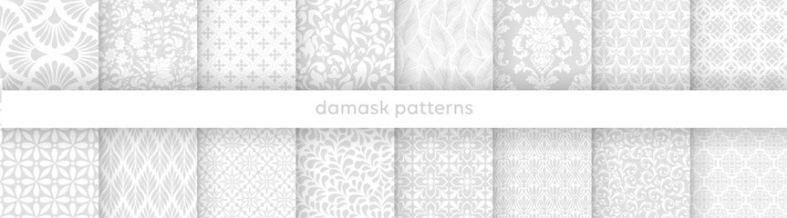 Big set of vector elegant damask patterns. Vintage royal patterns with a label. Seamless vector patterns.