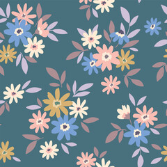 Fototapeta na wymiar Seamless floral pattern, liberty ditsy print with vintage motif. Cute botanical design, pretty flower ornament: small hand drawn flowers, tiny daisies, leaves on a blue background. Vector illustration