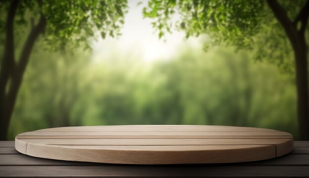 Conceptual illustration of an empty wooden table on green nature background, Desk of free space for product display. Created with generative Ai technology