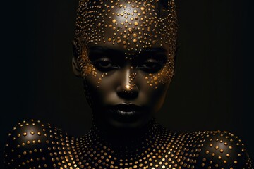 Beautiful portrait of dark skinned woman with golden make up AI