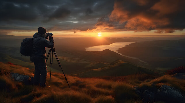 Feliz dia Mundial da Fotografia, Fotógrafo capturando uma paisagem épica do pôr do sol - IA Generativa