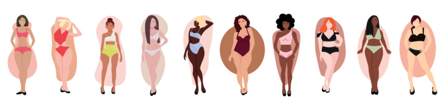 Set of women in underwear with different types of body shape on white background