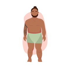 Stout Polynesian man in underwear on white background