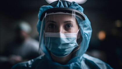 Confident surgeon in protective workwear and surgical mask working indoors generated by AI
