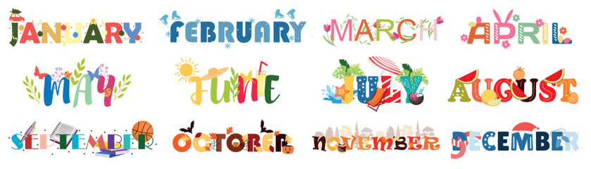 Names of different months of the year on white background - obrazy, fototapety, plakaty