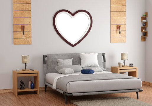 single heart shaped wall picture frame with nice metal bed, lamp and beautiful carpet