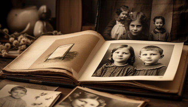 Childhood learning in an old fashioned library, black and white portrait generated by AI