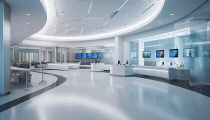 A futuristic laboratory with bright lighting equipment and abstract decoration generated by AI