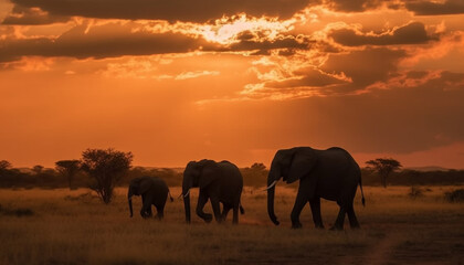Obraz premium African elephant herd grazes at dusk in tranquil wilderness panorama generated by AI