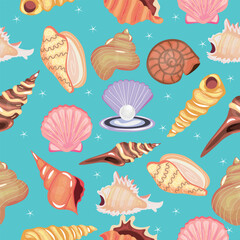 Set of beautiful sea shells on blue background. Pattern for design