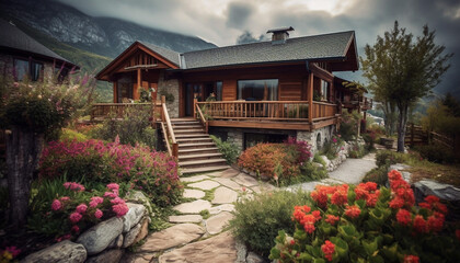 Fototapeta na wymiar Rustic log cabin nestled in idyllic mountain landscape, perfect vacation spot generated by AI