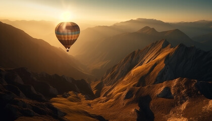 Adventure seekers soar high in hot air balloon over majestic mountains generated by AI