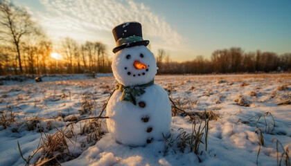 Fototapeta premium A cheerful snowman with a carrot nose and top hat generated by AI