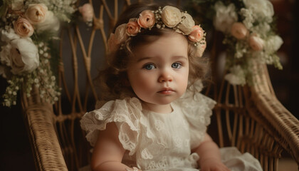 Fototapeta premium Cute toddler princess sitting among flowers, playing with new toy generated by AI