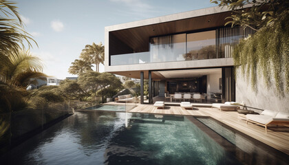 Modern architecture meets tropical nature in luxurious infinity pool reflection generated by AI