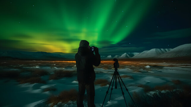 Let's Celebrate the World Photography Day - A photographer taking a photo of a Northern Lights epic landscape - AI Generativa