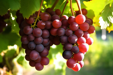 Red grapes hanging in vineyard, Generative AI