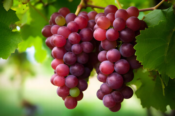 Red grapes hanging in vineyard, Generative AI