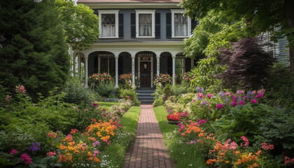 A formal garden with a green footpath and blossoming flowers generated by AI