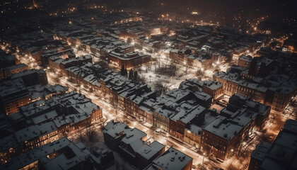 City skyline illuminated by street lights, snow covered buildings below generated by AI