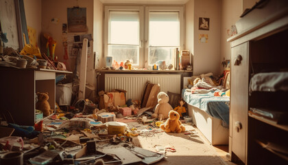 A messy bedroom with homemade crafts and a cute toy generated by AI
