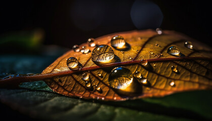 Fototapeta premium Freshness and beauty in nature dew drops on leaf veins generated by AI