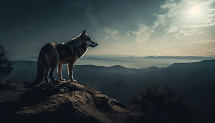 A majestic wolf stands on a mountain peak at dusk generated by AI