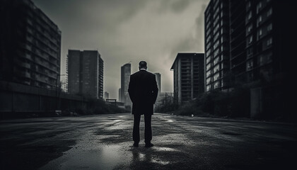 Lonely businessman standing in the rain, gazing at cityscape generated by AI