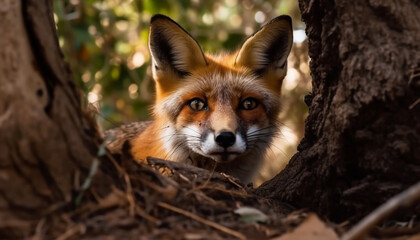 Naklejka na ściany i meble Red fox, alert and cute, sitting in autumn forest solitude generated by AI