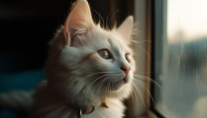 Playful Persian kitten staring out window, watching nature beauty generated by AI