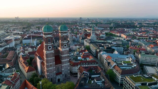 Aerial view of Munich City at sunrise, Cathedral Church of Frauenkirche. Munich skyline panoramic. Germany