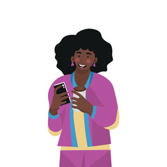 Young African-American woman with mobile phone on white background