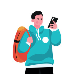 Young man with mobile phone on white background