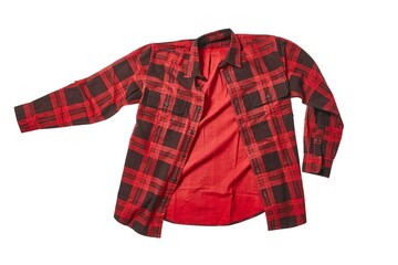 Red checkered flannel shirt on blank white background - obrazy, fototapety, plakaty
